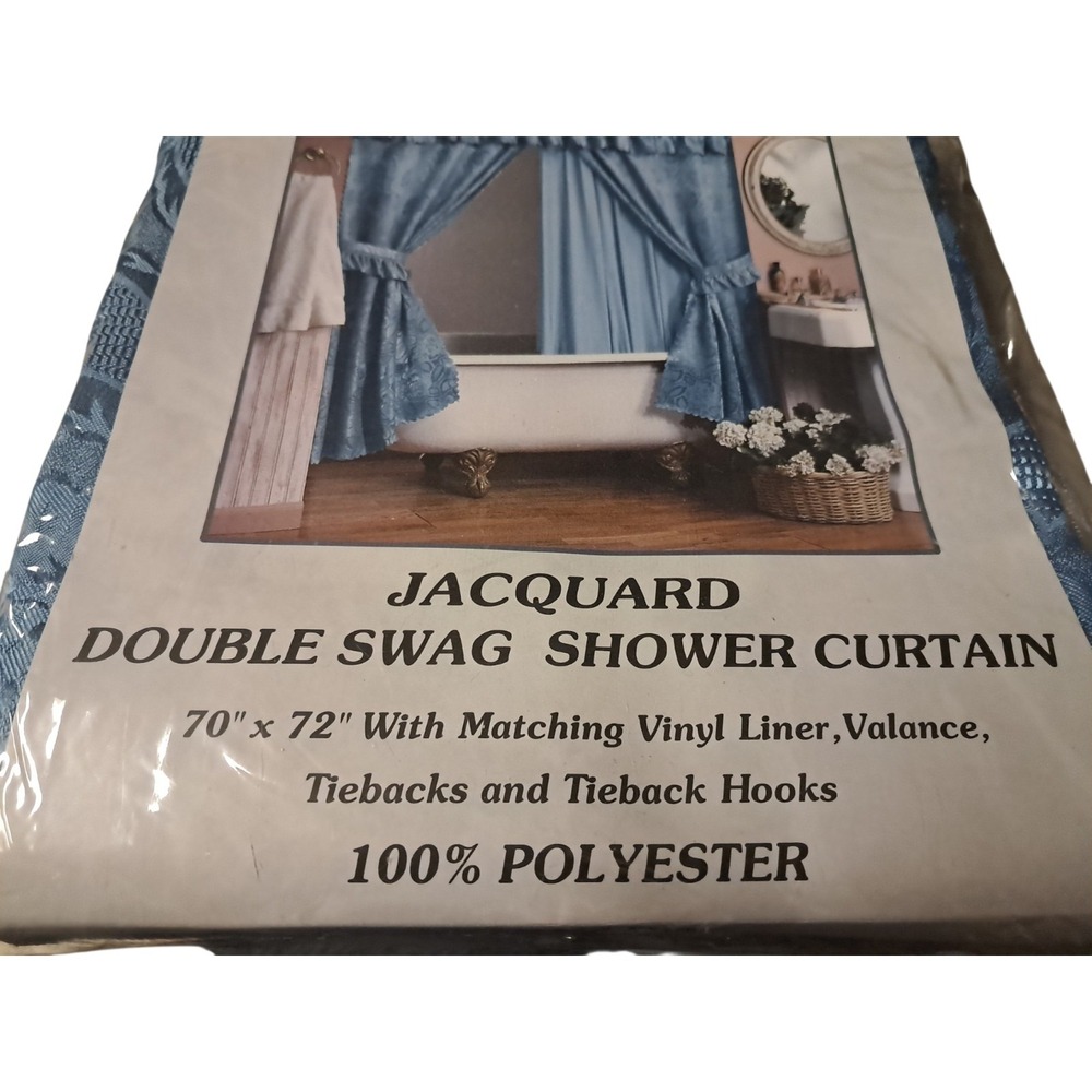 VTG NEW Blue 90s Deluxe Jacquard Double Swag Poly Fabric Shower Curtain Set - Picture 2 of 4